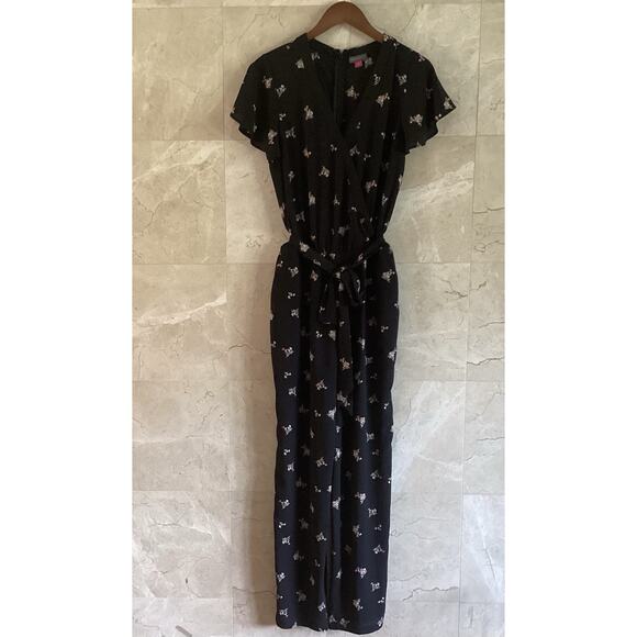 Vince Camuto Jumpsuit Size 10 Black Floral Belted Holiday Hostess Flutter Sleeve - Picture 10 of 12
